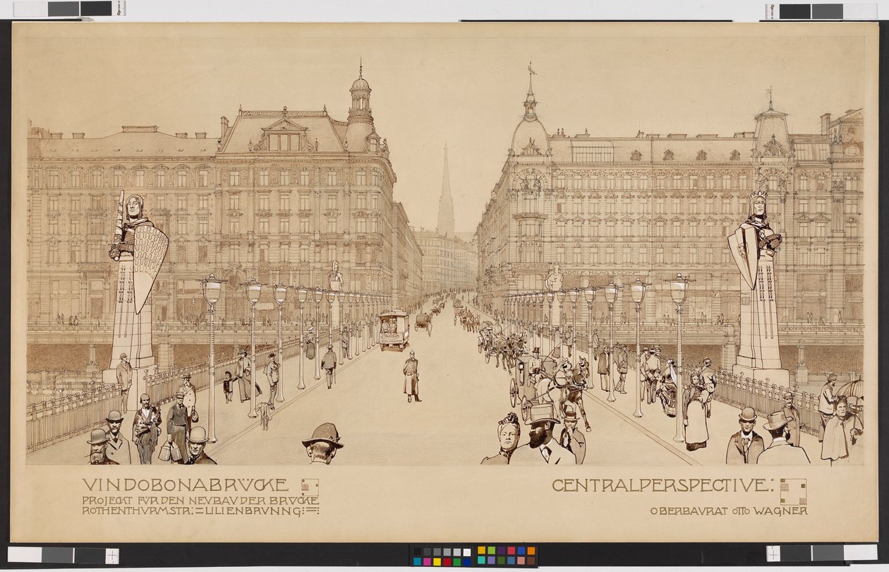 Ponte Vindobona / Progetto per la nuova costruzione del ponte Rothenthurmstraße - Lilienbrunngasse. Prospettiva centrale da Otto Wagner