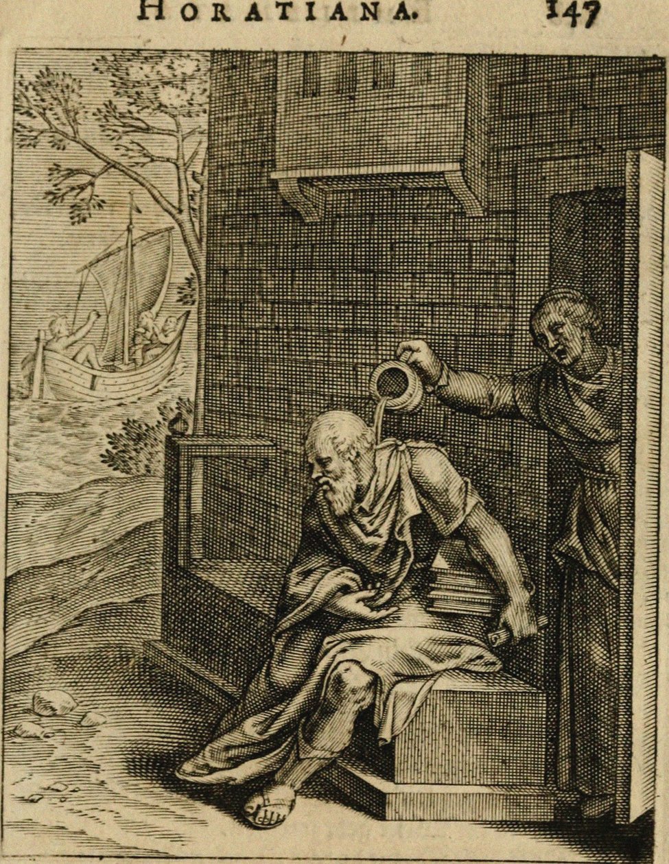 Santippe svuota un vaso da notte su Socrate. Da Emblemata Horatiana, 1607 da Otto van Veen