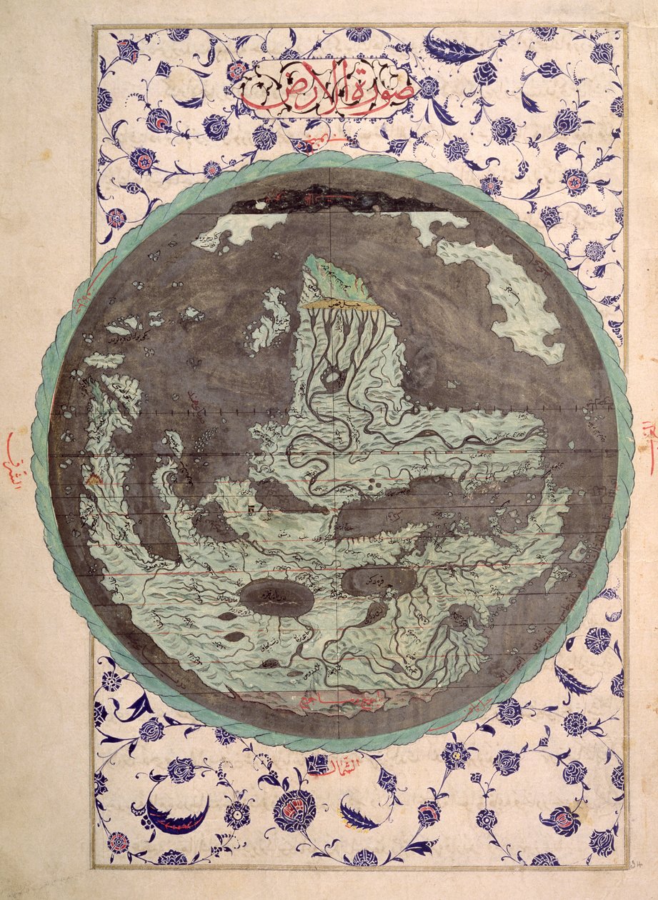 Mappa del Mondo, da una copia di Zubdat al-Tawarikh, La Crema delle Storie, fine XVI secolo da Ottoman School