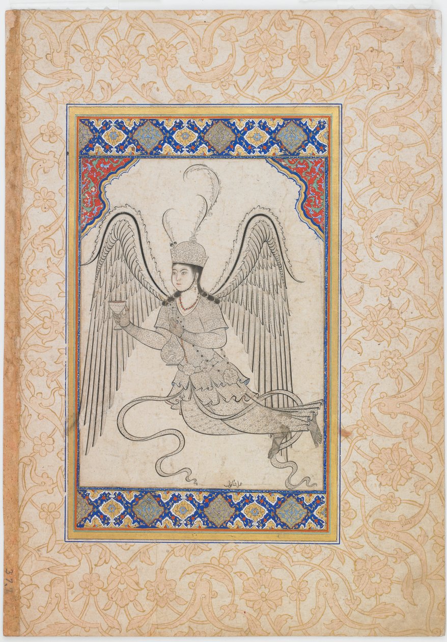 Angelo volante con coppa e fiasco di vino da Ottoman School