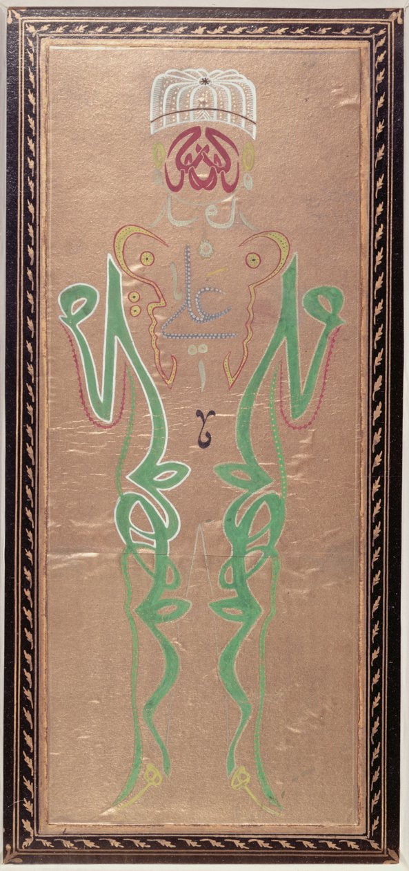 Calligrafia araba con i nomi di Maometto, suo genero Ali e i due figli di Ali, Hassan e Hussein da Ottoman School