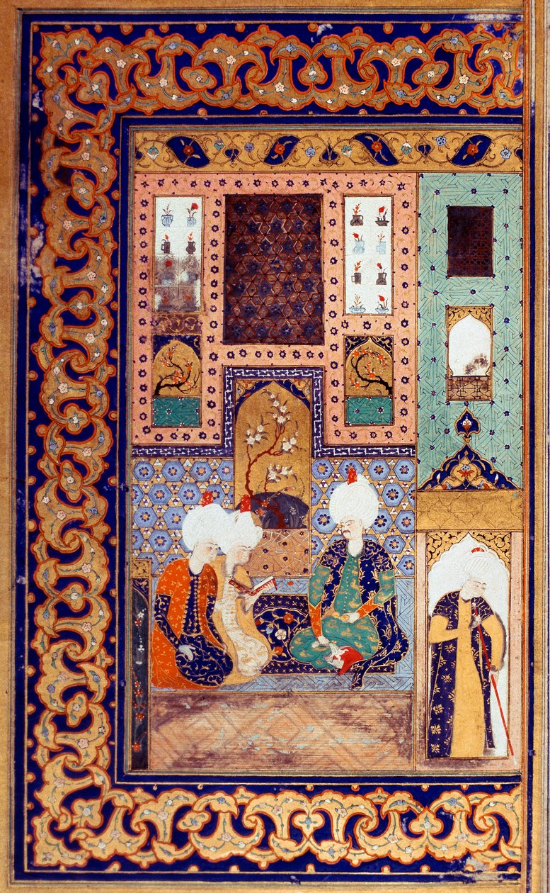 Impero Ottomano: rappresentazione del Sultano Selim I detto il Terribile (1470-1520) accompagna due dei suoi sudditi. Miniatura tratta dal "Divan" (poema recuperato) scritto dal Sultano Selim I. 16° secolo. Istanbul, Università da Ottoman School