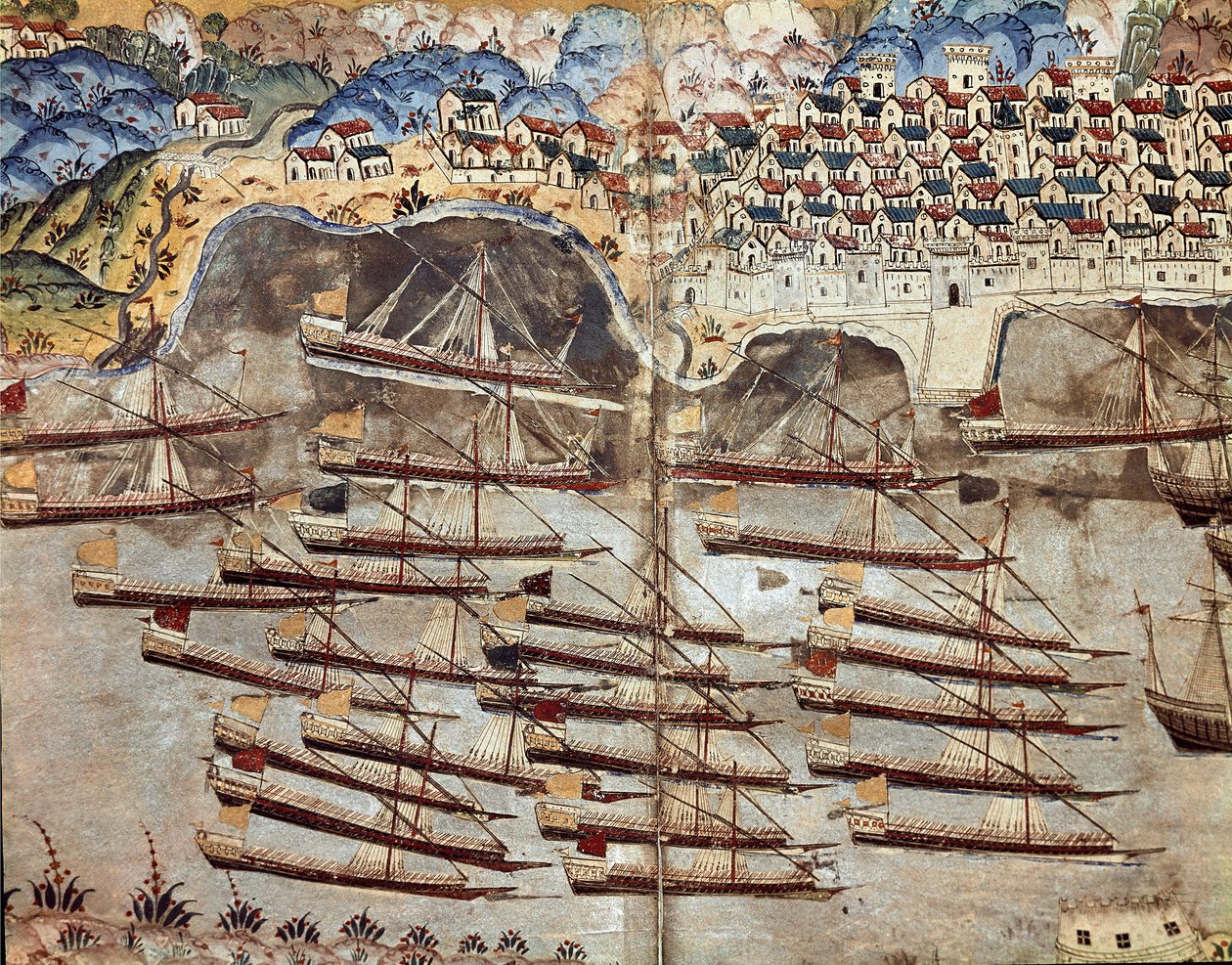 Impero Ottomano: rappresentazione della flotta di Barbarossa di fronte alla città di Nizza. Miniatura tratta dal 