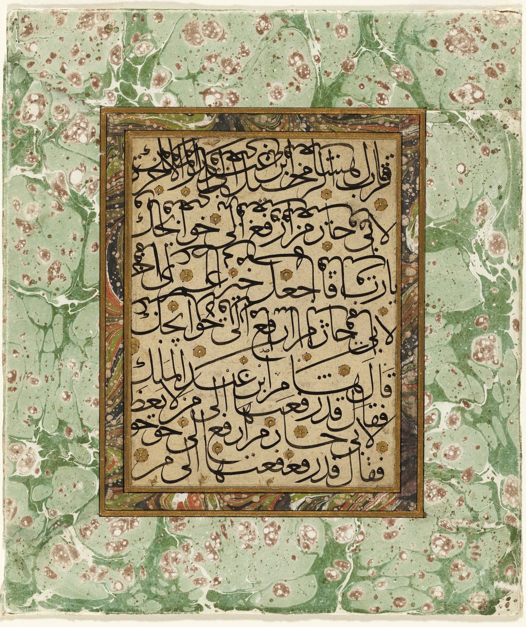 Pagina di calligrafia (inchiostro e oro su carta con bordo marmorizzato) da Ottoman School