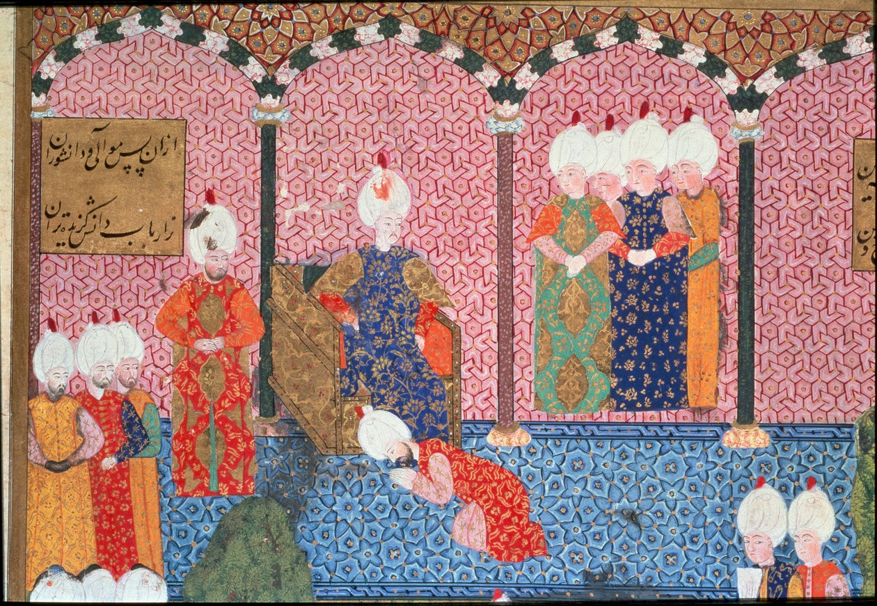 Ritratto di Solimano I il Magnifico (1494-1566), Sultano Ottomano, circondato dalla sua corte alla cerimonia di ascesa al trono (dettaglio). Miniatura dal 