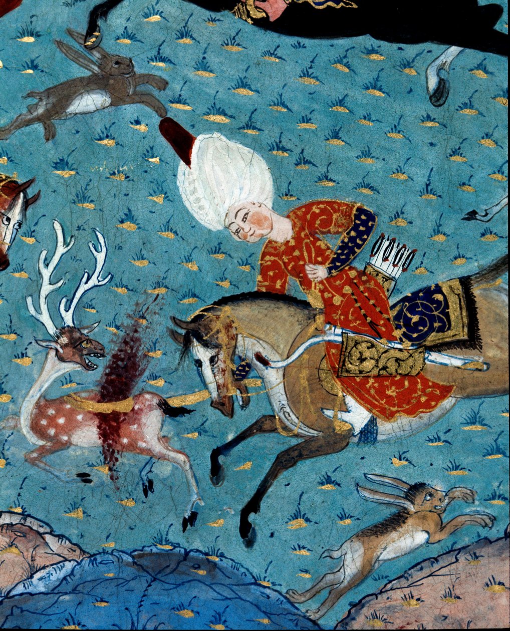 Rappresentazione dei cortigiani del sultano Murad II (Murat) (1404-1451) a caccia di cervi e lepri (dettaglio). Miniatura del XVII secolo. Istanbul, Biblioteca del Museo Topkapi Sarayi da Ottoman School