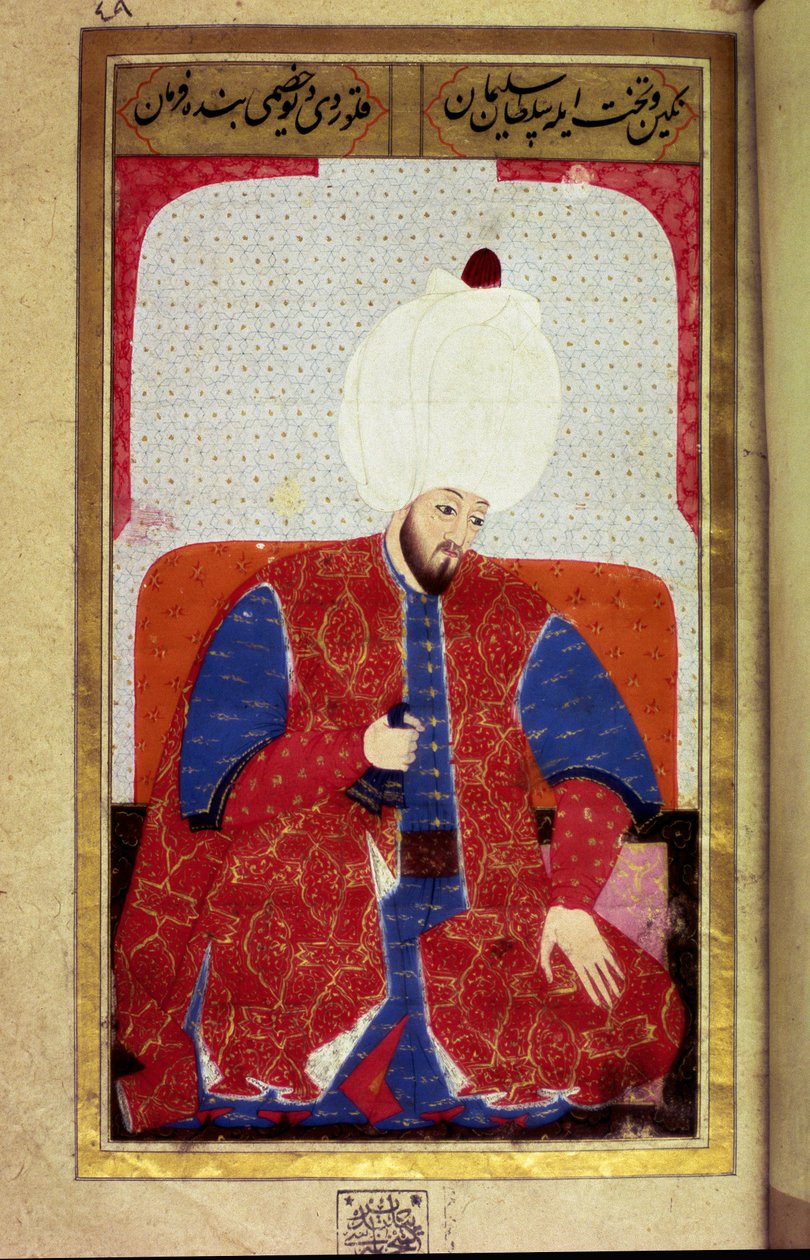 Solimano I il Magnifico (1494-1566), Sultano Ottomano. Miniatura dal manoscritto "Fisiognomia Umana (Sulle Disposizioni Personali degli Ottomani)" di Seyyid Lokman Hussein da Ottoman School
