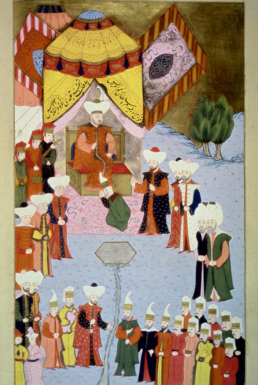 Sultano Bayezid I (1360-ca. 1402) alla sua Corte Miniatura dal “Hunername” di Lokman, vol. 1 (H 1523, f.7) 1584 Biblioteca del Museo Topkapi Sarayi Istanbul da Ottoman School