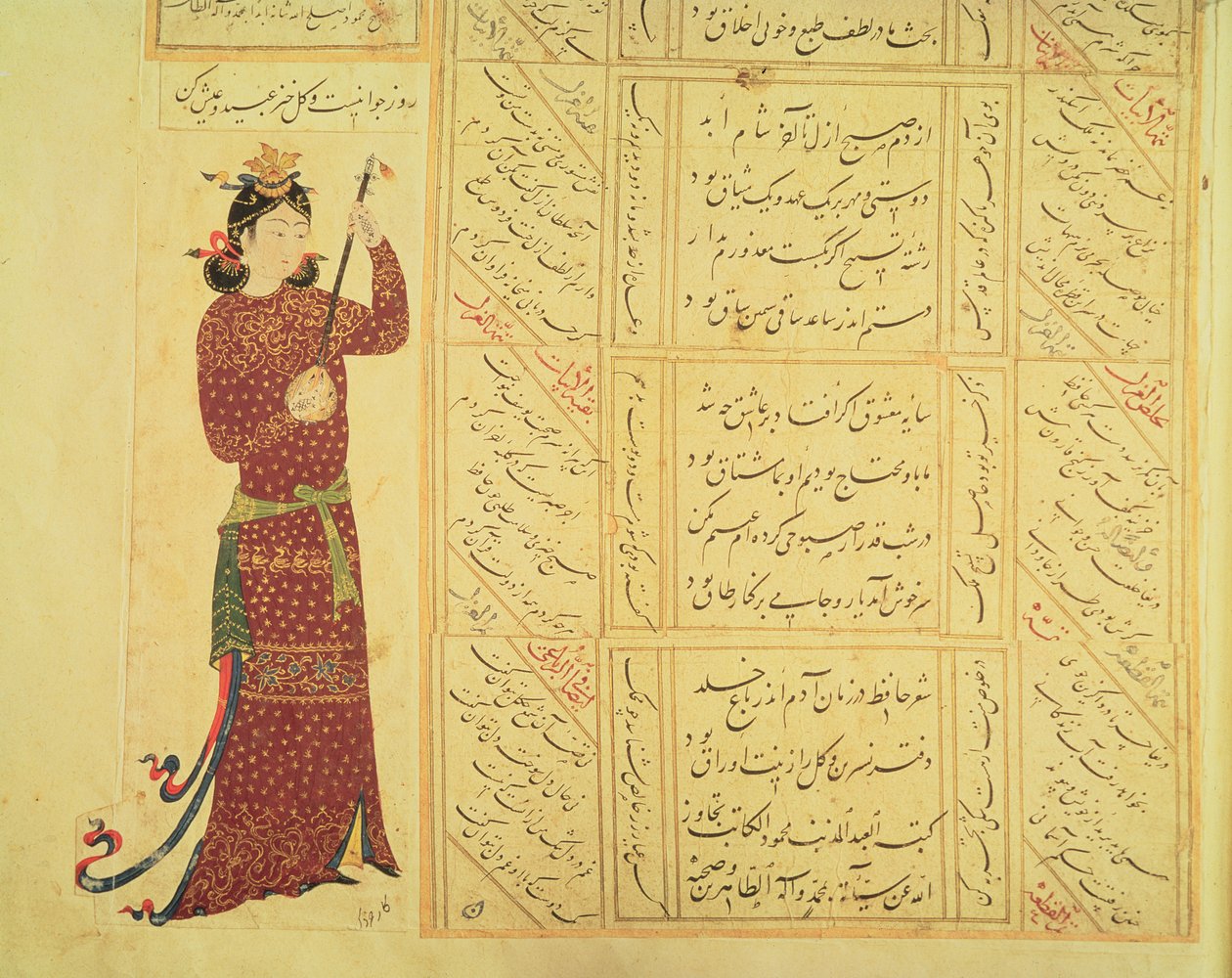 Donna che suona il rebab e calligrafia da Ottoman School