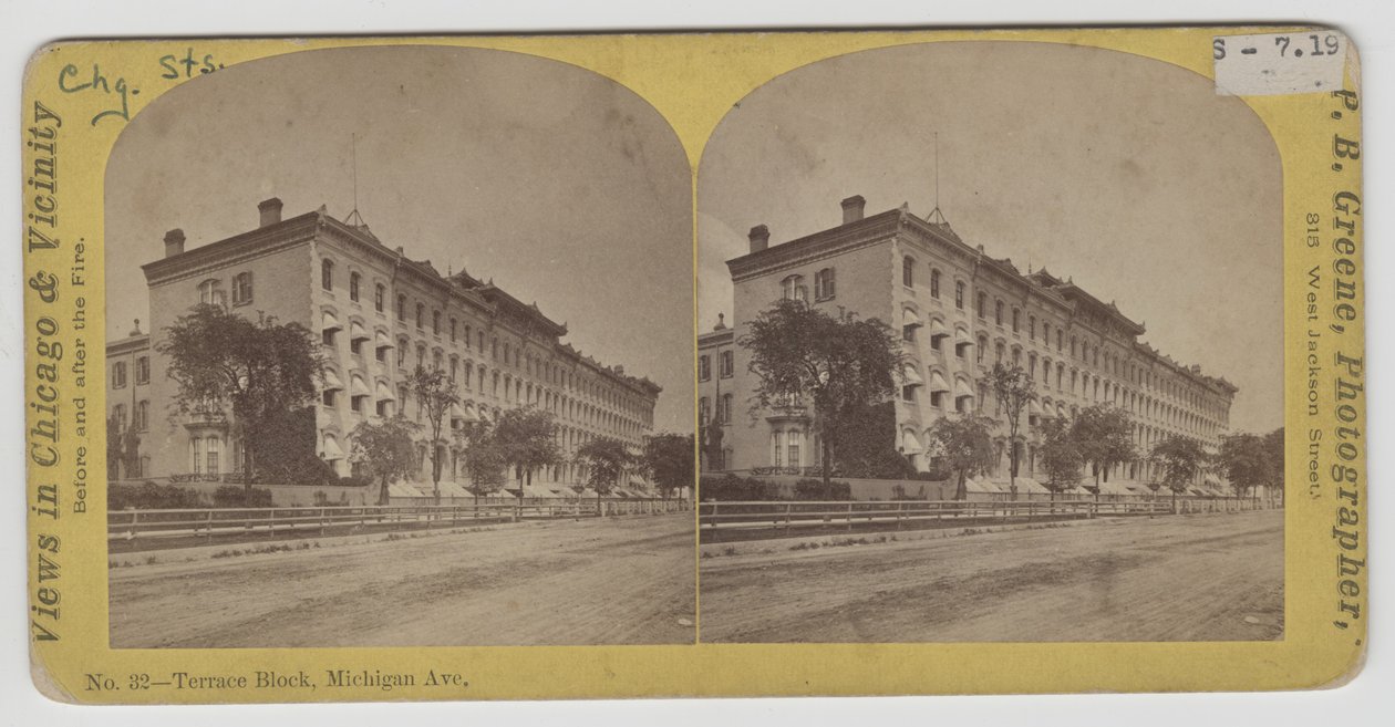 Vista stereografica di Terrace Block su Michigan Avenue prima dell