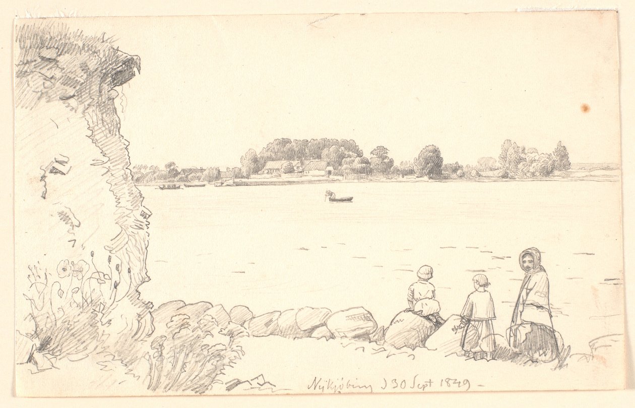 Una signora e due bambini presso Guldborg Sund. Nykøbing Falster. da P.C. Skovgaard