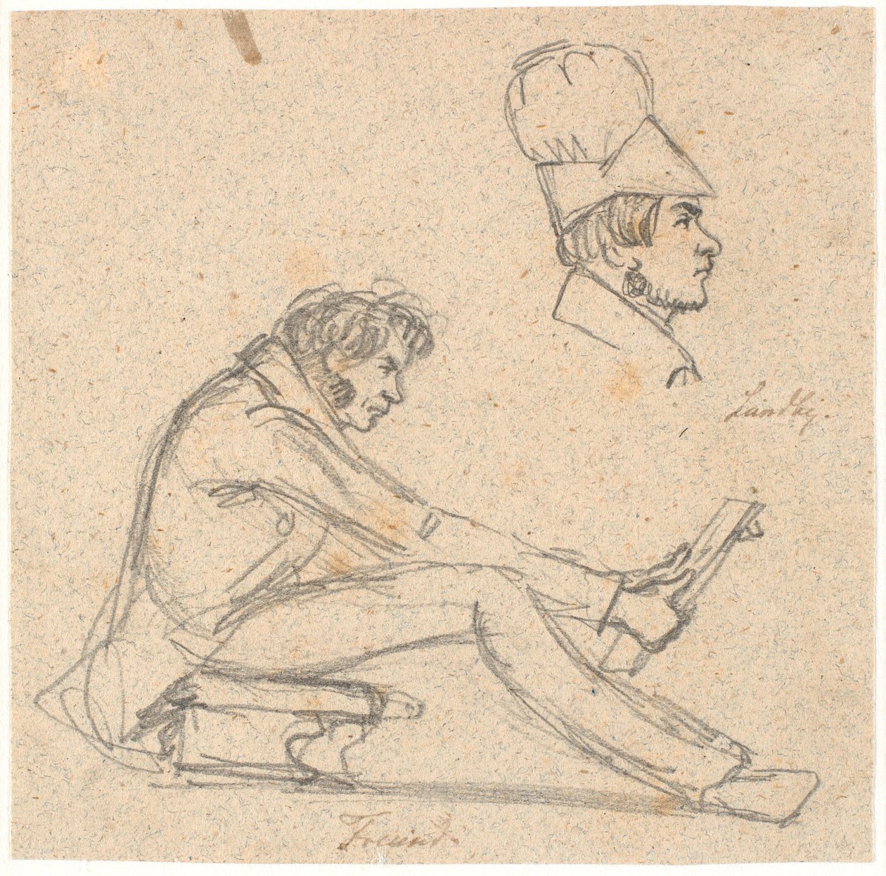 H.E. Freund seduto su uno sgabello che osserva un disegno. In alto a destra ritratto di profilo di J. Th. Lundbye da P.C. Skovgaard
