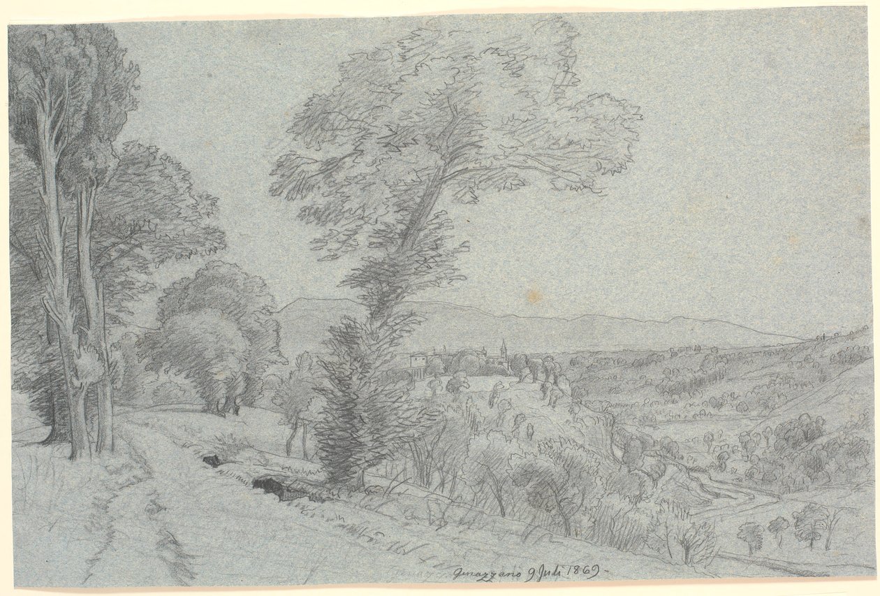 Paesaggio montano italiano con vista verso "Genazzano 9 luglio 1869." da P.C. Skovgaard