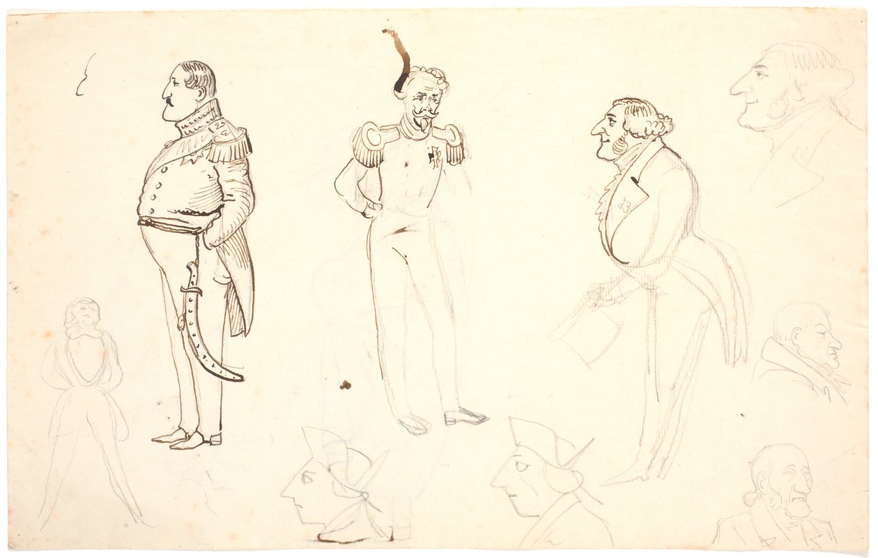 Caricatura di Federico VII e altri, tra cui Grundtvig, probabilmente Orla Lehmann e altri da P.C. Skovgaard