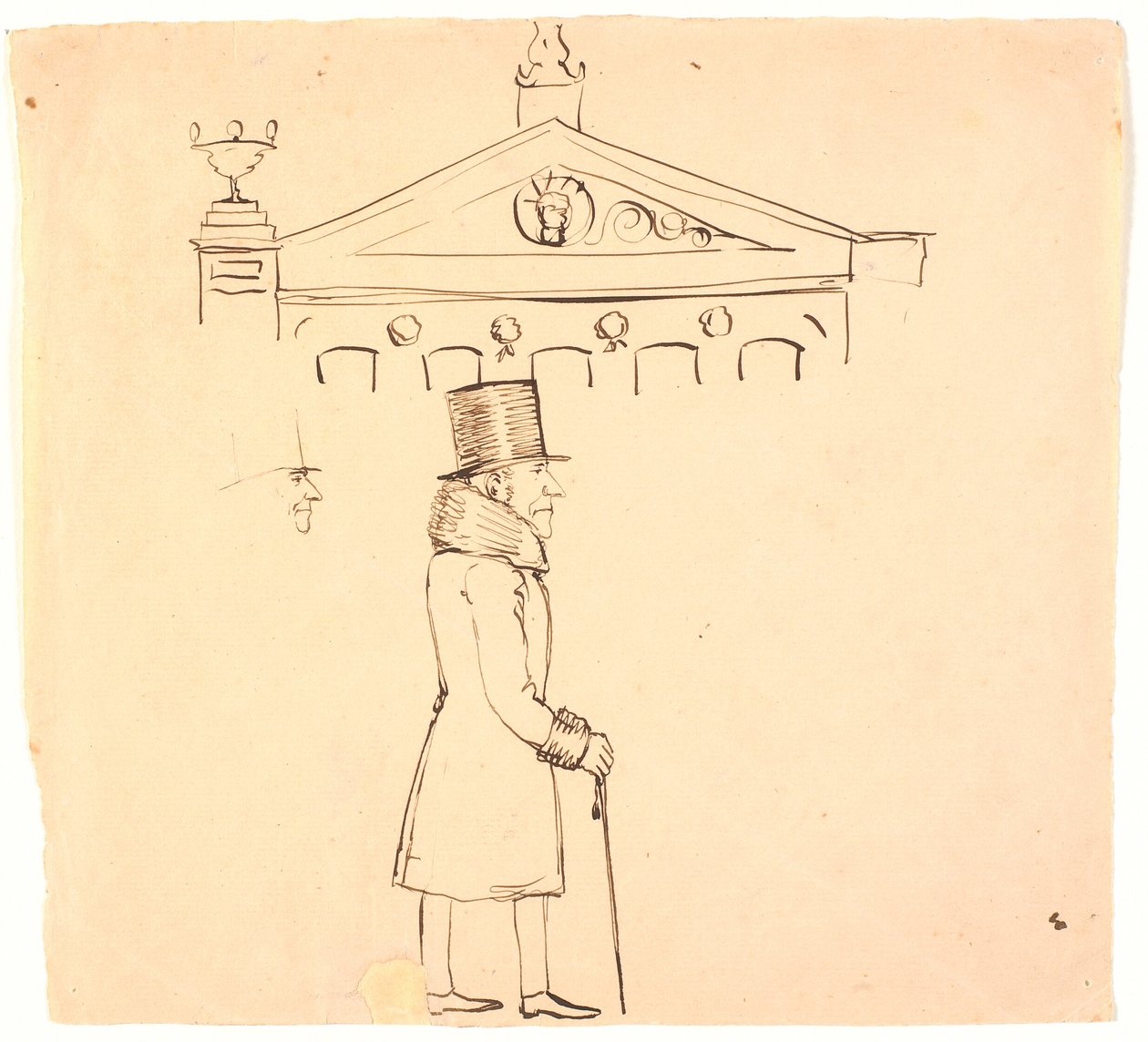 Caricatura di un signore in pelliccia fuori dal Casino da P.C. Skovgaard