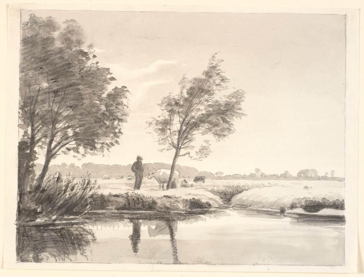 Paesaggio con campi, alberi, mucche e un contadino che si specchia nell