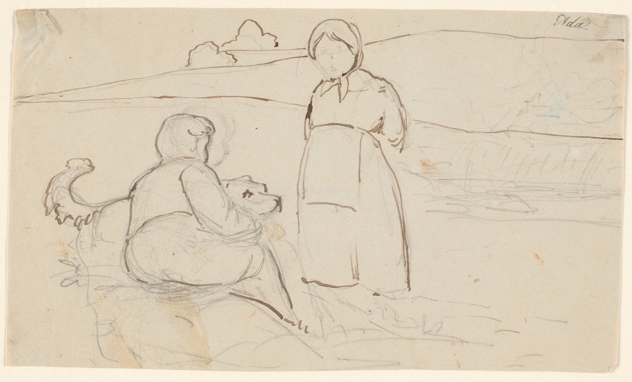 Ragazzo seduto con cane e ragazza in piedi in un paesaggio da P.C. Skovgaard