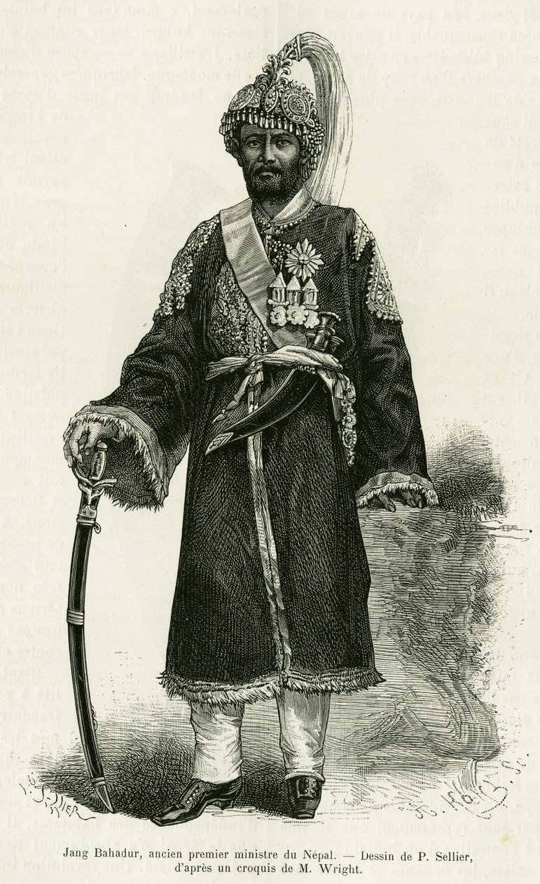 Jang Bahadur (1816-1877), Primo Ministro del Nepal. Incisione di P.Sellier per illustrare la storia Voyage au Nepal, di Dr. Gustave Le Bon (1841-1931), in le tour du monde 1886, diretta da Edouard Charton (1807-1890), Hachette, Parigi. da P. (after) Sellier