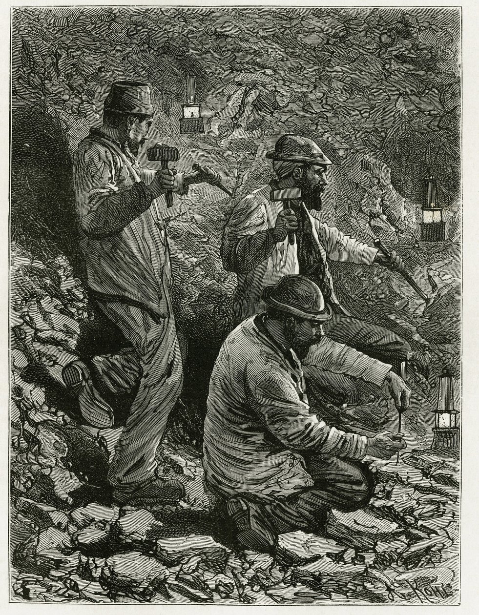 Minatori che estraggono carbone nella vena. Incisione di Ferat, per illustrare la storia "Belgio", di Camille Lemonnier. Pubblicato in Le Tour du monde, nuovo giornale dei viaggi, 2° semestre 1884 da P. Ferat