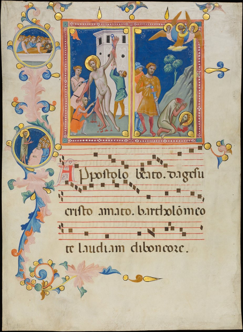 Foglio di manoscritto con il martirio di San Bartolomeo, da un Laudario da Pacino di Bonaguida