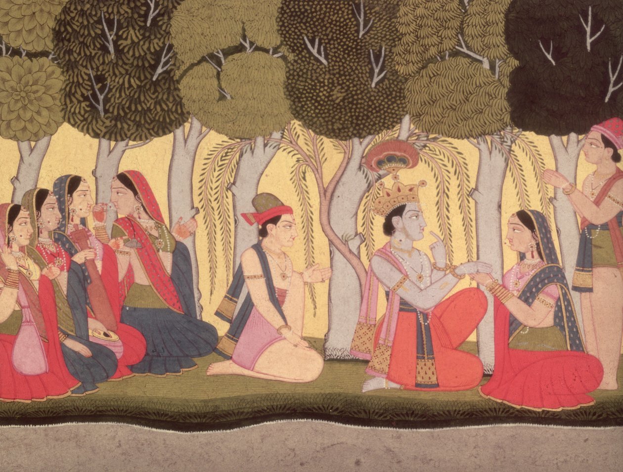 Radha e Krishna seduti in un boschetto, Kulu, 1790-1800 da Pahari School