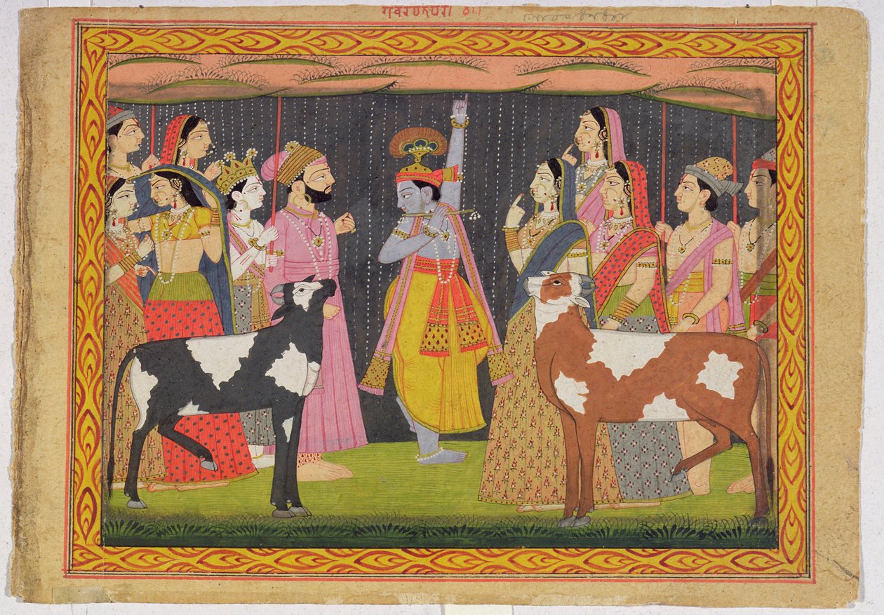 Krishna solleva il Monte Govardhana, dal Bhagavata Purana, Kulu, Himachal Pradesh, 1749 da Pahari School