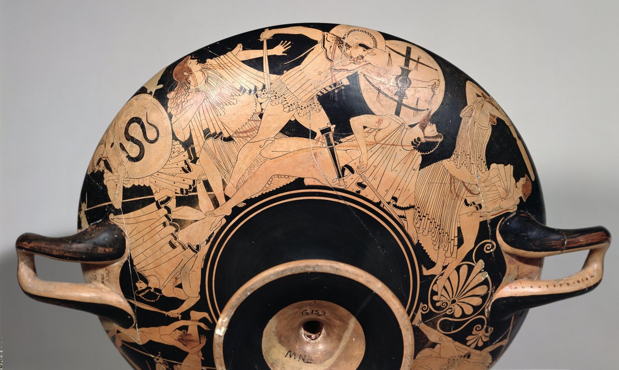 Dettaglio di una coppa a figure rosse attica che raffigura scene della Guerra di Troia, c.490 a.C. da Painter Brygos