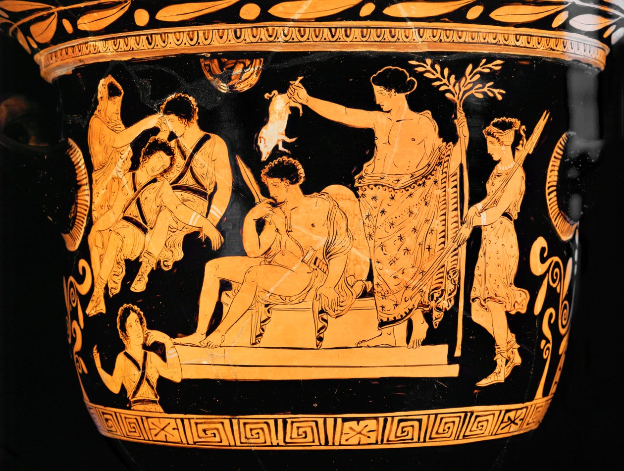 Cratere a campana a figure rosse dalla Puglia: Apollo purifica Oreste con il sangue di un maialino ... da Painter Eumenides