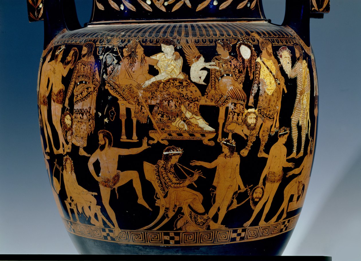 Cratere a volute a figure rosse attiche, dettaglio della scena di attori e musicisti che si preparano per una rappresentazione davanti a Bacco e Arianna, greco, da Ruvo, V secolo a.C. da Painter Pronomos