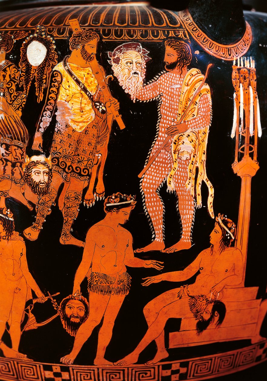 Cratere a volute a figure rosse con un attore che tiene la sua maschera, da Ruvo, c.410 a.C. da Painter Pronomos