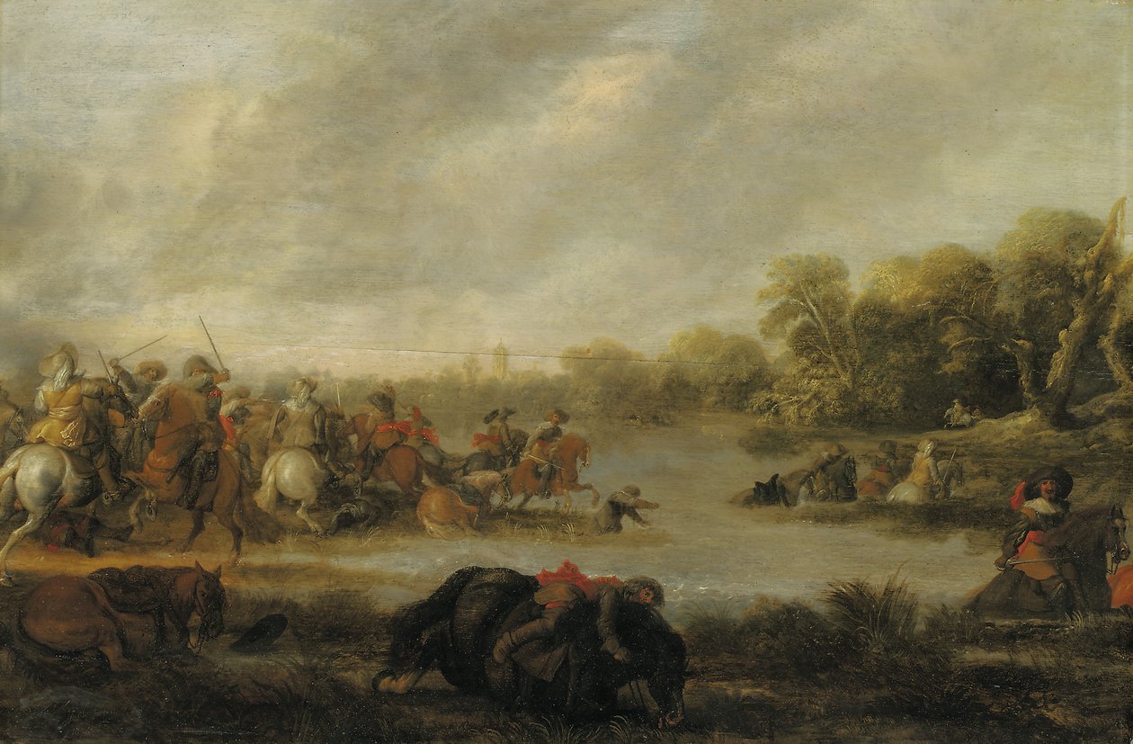 Uno scontro di cavalleria presso un fiume da Palamedes Palamedesz