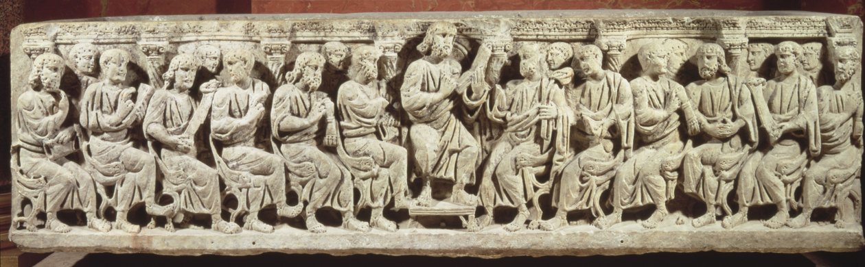Cristo seduto e insegnante circondato dagli Apostoli, sarcofago cristiano in marmo, acquisito dalla chiesa di Rignieux-le-Franc, fine del IV secolo d.C. da Paleo Christian