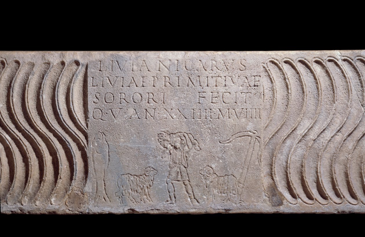 Arte paleocristiana: frammento di sarcofago con Buon Pastore ed epitaffio di Livia Primitiva da Paleo Christian