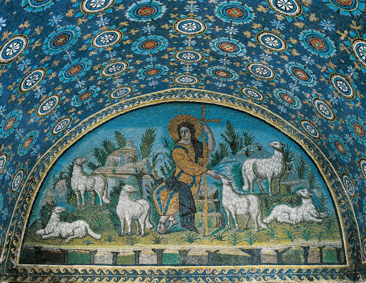Il Buon Pastore, Mosaico del lunotto sopra la porta d