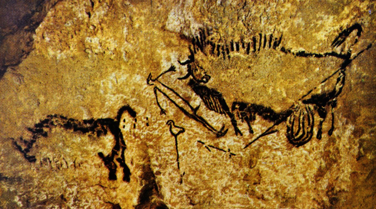Bisonte ferito, uomo ferito e rinoceronte lanoso, Lascaux (pittura rupestre) da Paleolithic Paleolithic