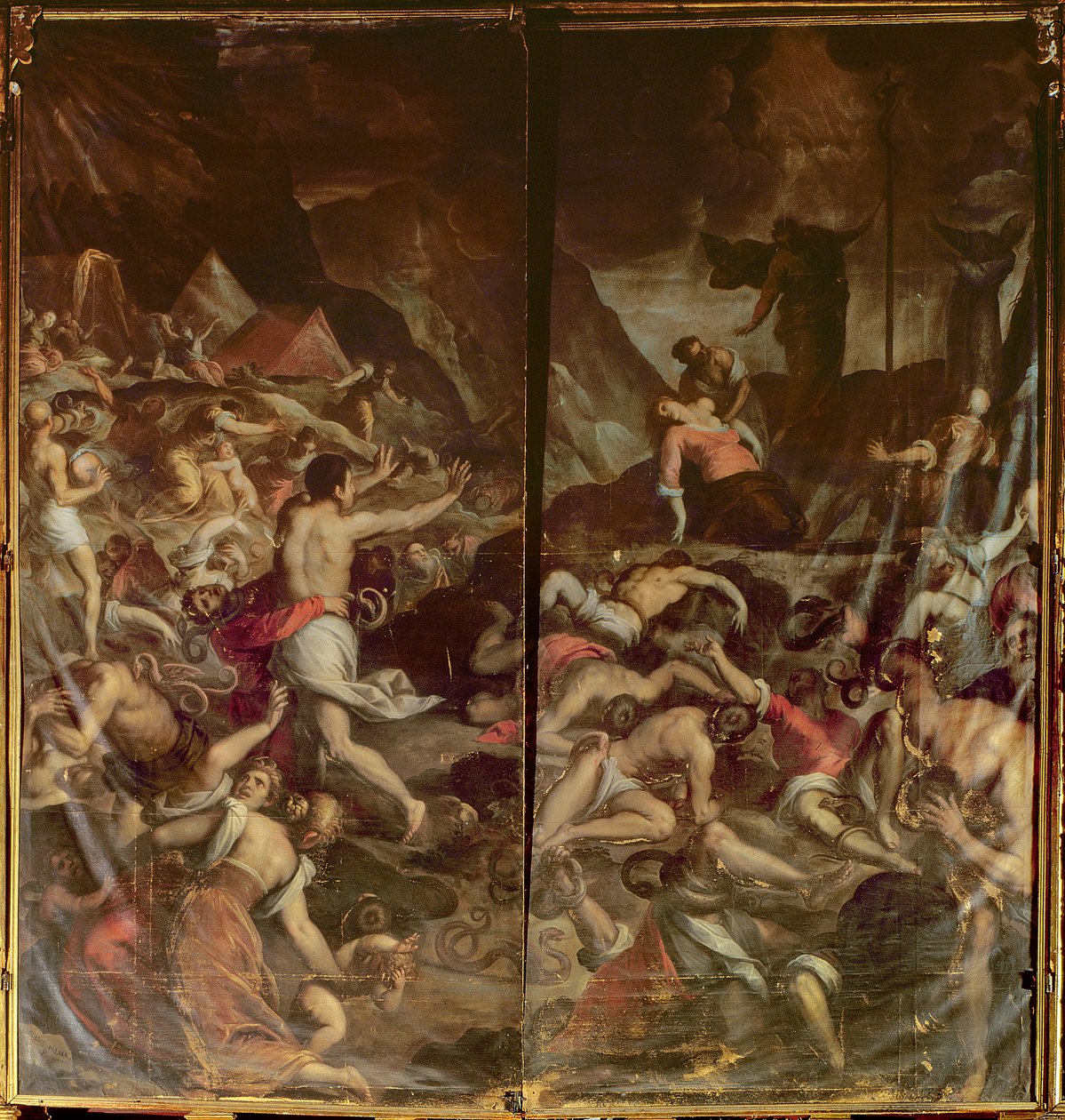 Due porte di organo che raffigurano i serpenti infuocati che infestano il campo di Mosè dopo la morte di Aronne, 1600 da Palma Il Giovane