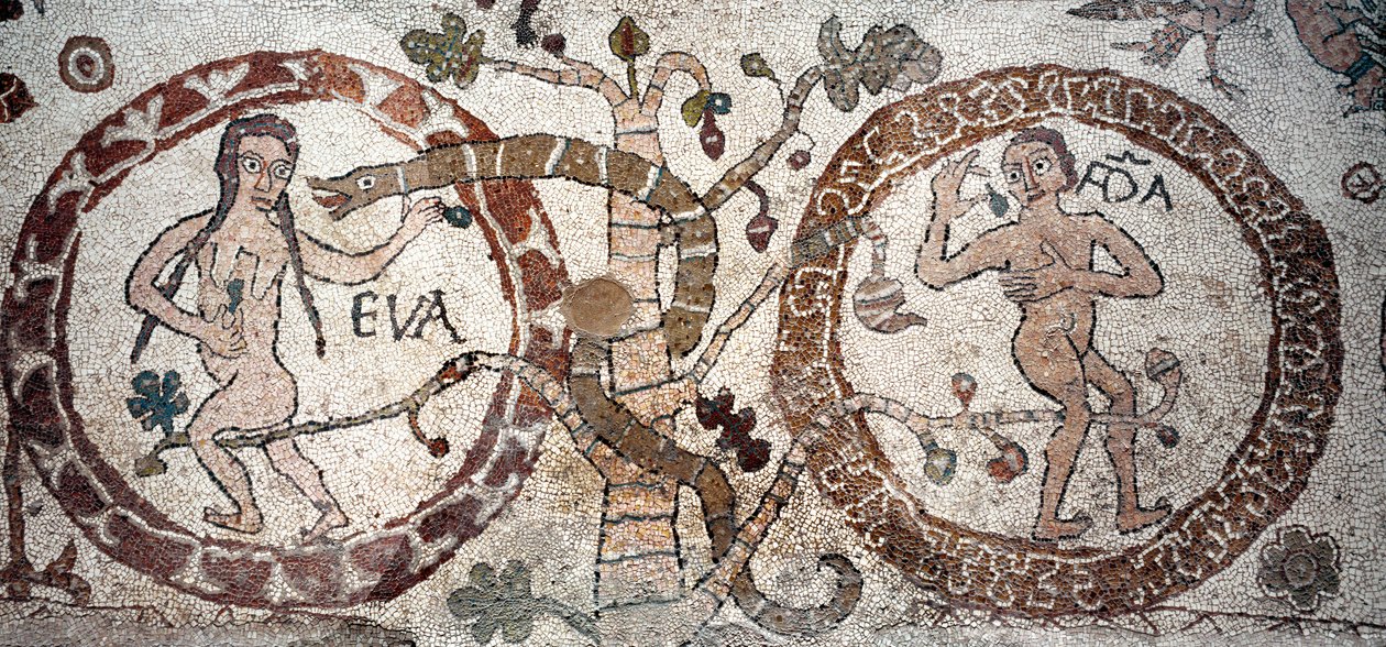La tentazione di Adamo ed Eva. Mosaico di Pantaleone, sacerdote e mosaicista. 1163-1166. Navata centrale della Cattedrale di Otranto, Italia da Pantaleon Pantaleon