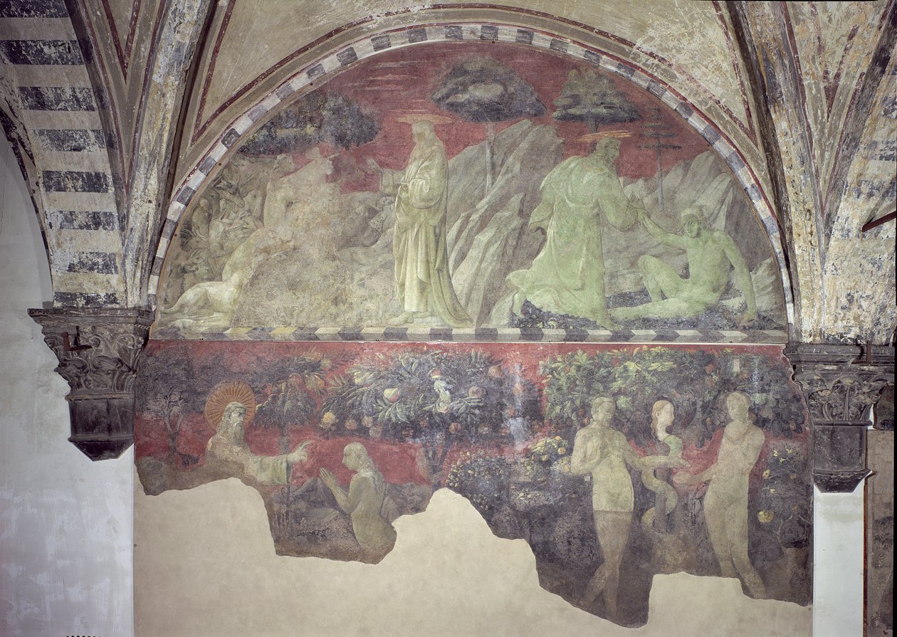 La creazione degli animali e di Adamo (sezione superiore) la creazione di Eva e il peccato originale (sezione inferiore) lunetta da Paolo Uccello