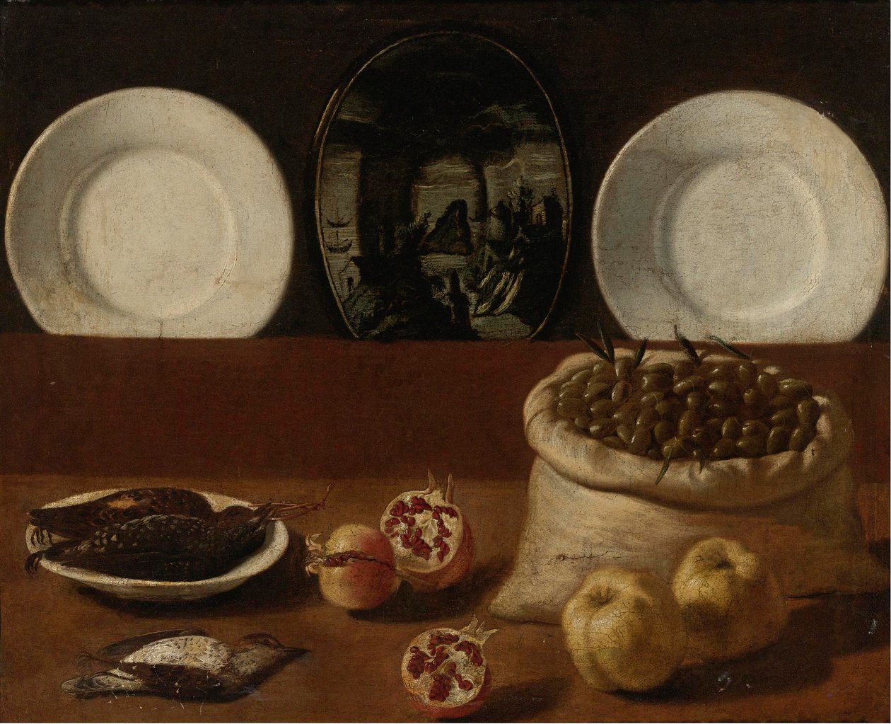 Natura morta con piatti, sacco di olive, selvaggina, melograni e cotogna da Paolo Antonio Barbieri
