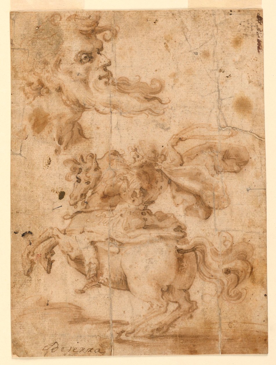 Disegno, Testa di uomo barbuto, uomo a cavallo, 1650 ca. da Paolo Emilio Besenzi