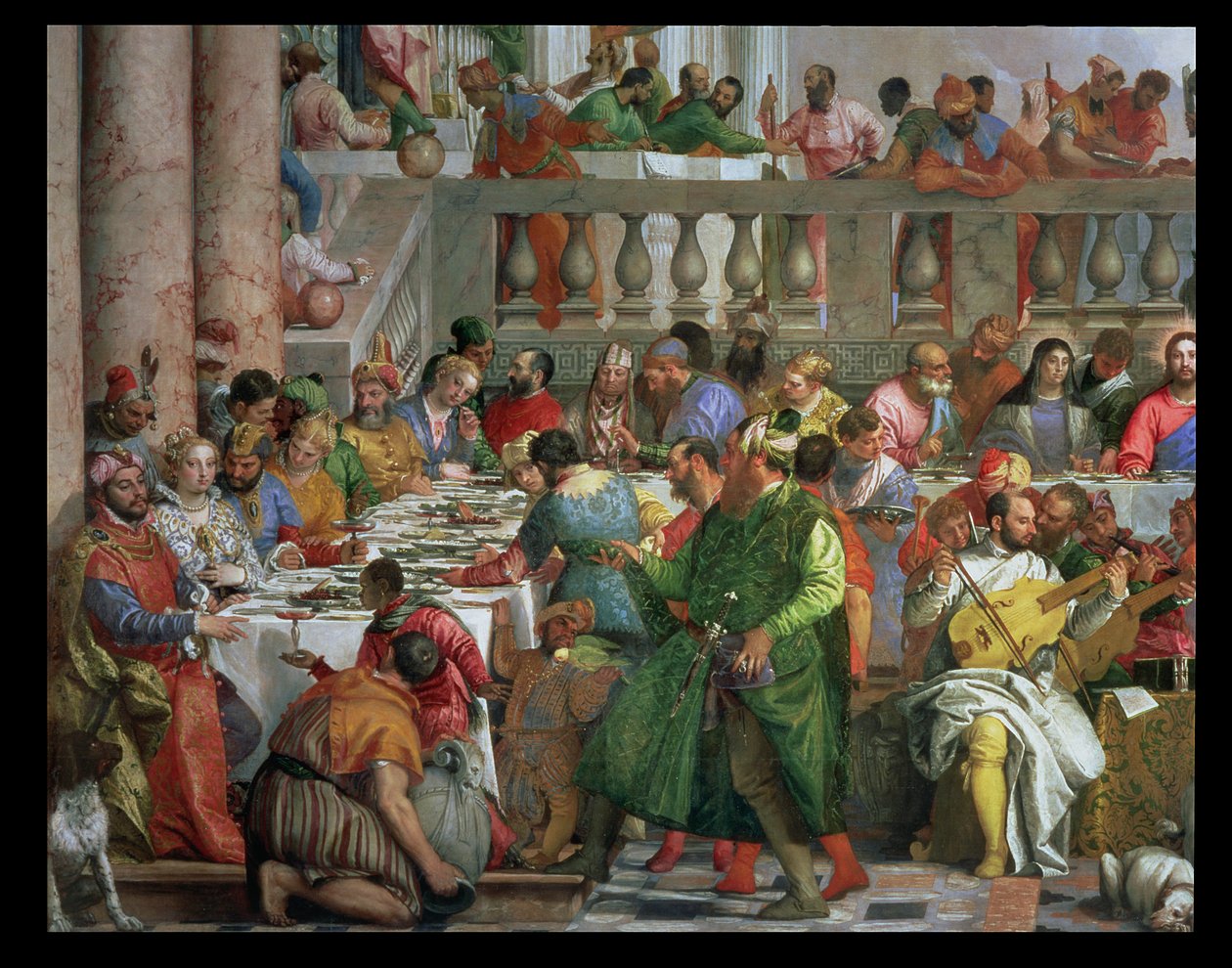 Le Nozze di Cana, dettaglio del tavolo del banchetto con uomo in veste verde e nano con pappagallo da Paolo Veronese