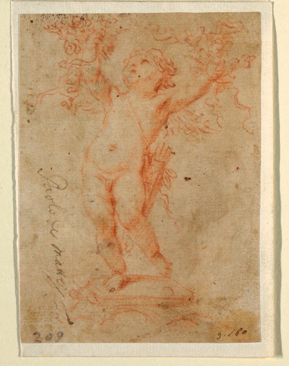 Cupido che solleva mazzi di fiori con entrambe le braccia da Paolo de Mattheis