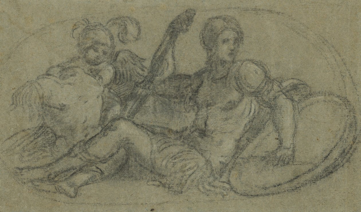 Figura maschile seduta con putto e armatura da Paris Bordone