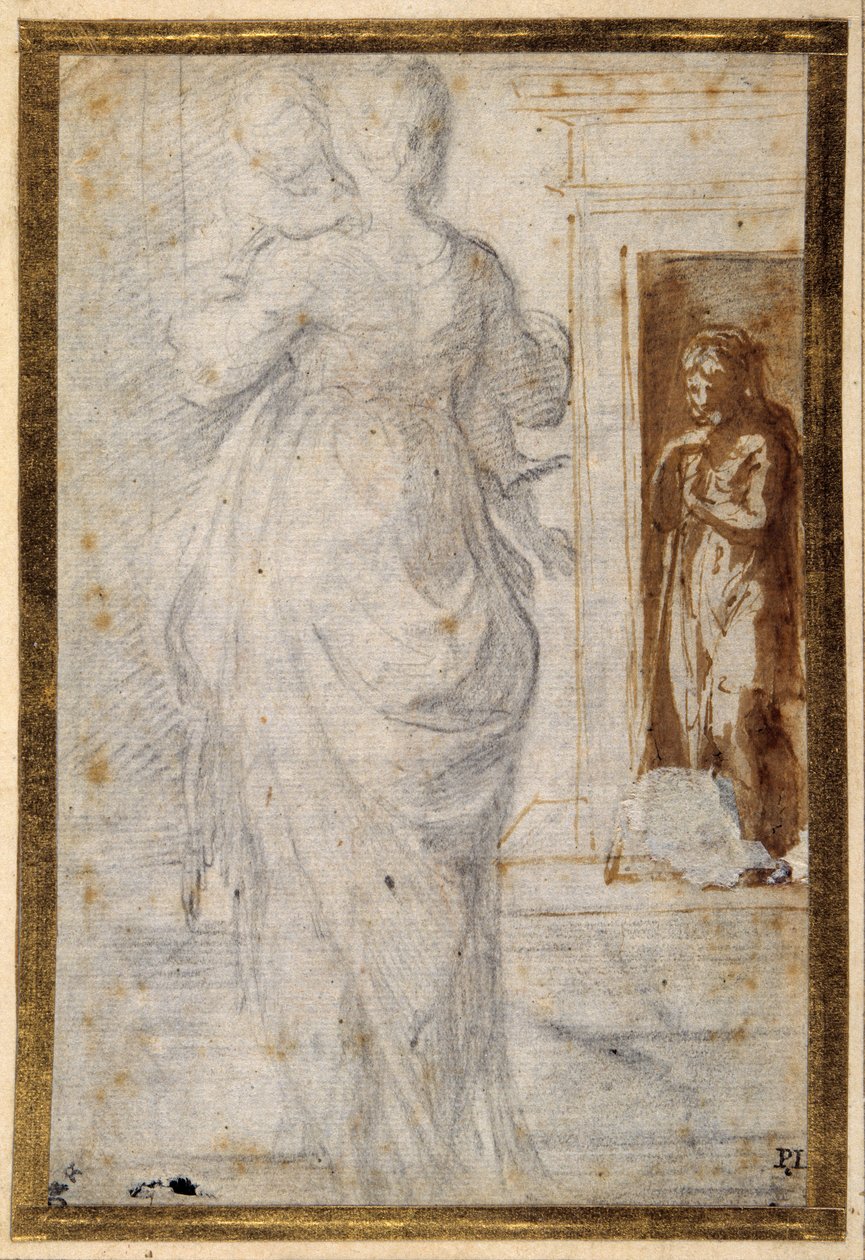Vista posteriore di una donna che porta un bambino; un uomo appoggiato al suo bastone aspetta in una porta da Parmigianino