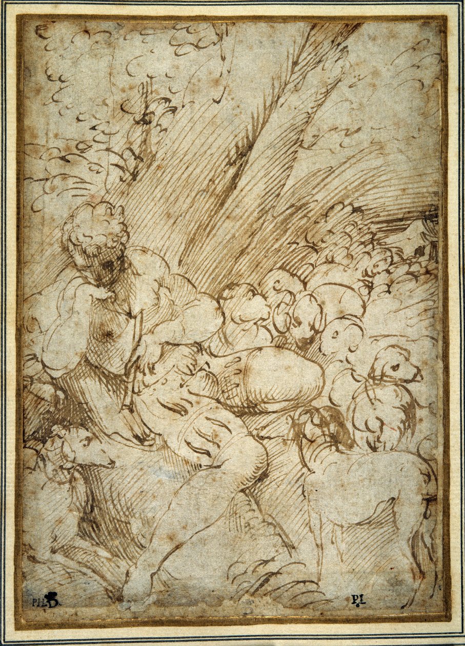 Pastorello con un flauto, riposando sotto un albero con il suo cane tra il gregge da Parmigianino