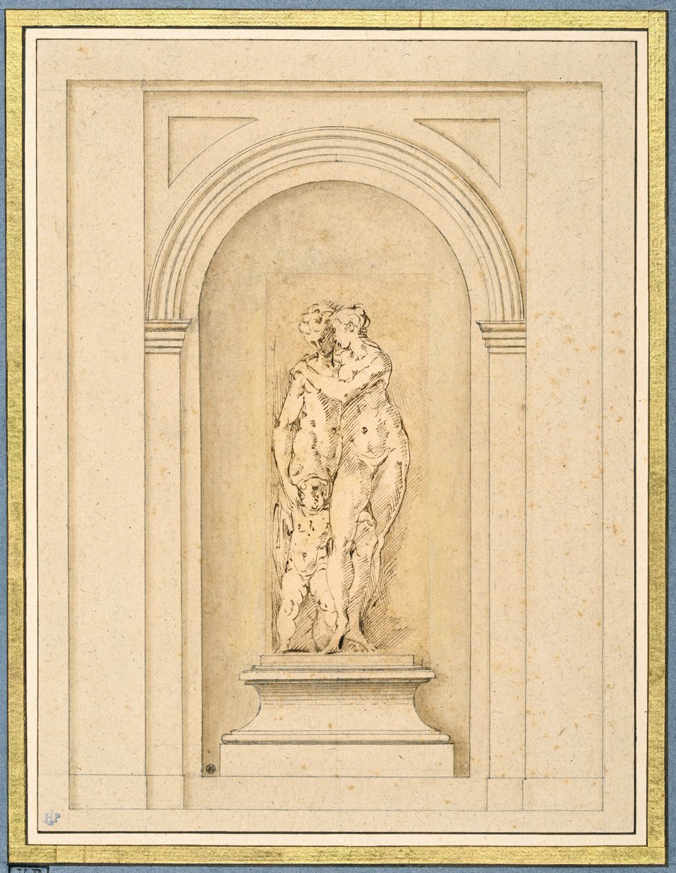 Due figure e un cupido circondati da una cornice architettonica successiva da Parmigianino