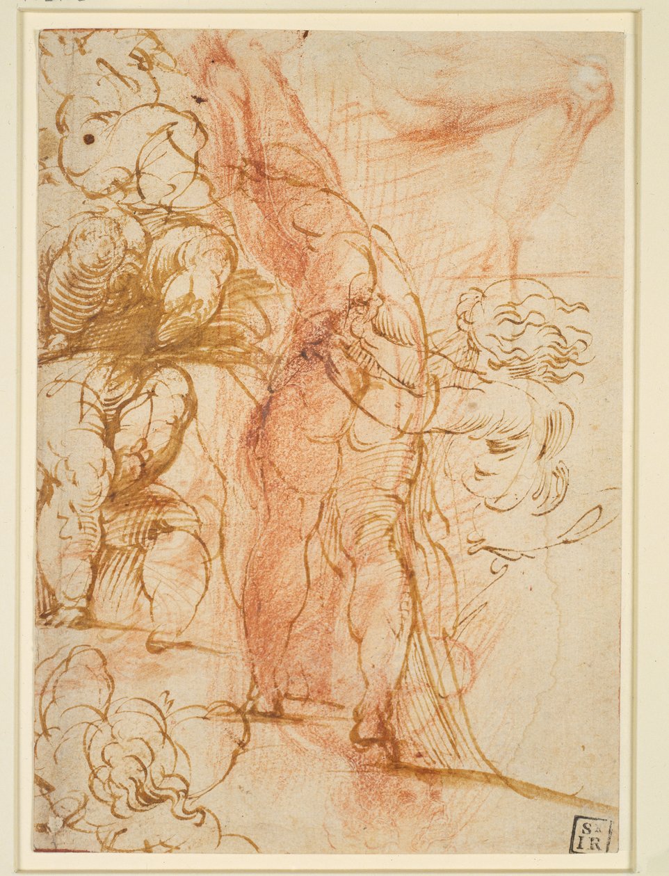 Mehrere Beinstudien von Putten, einwärts laufender Männerakt, Beinstudie und stehende Figur da Parmigianino