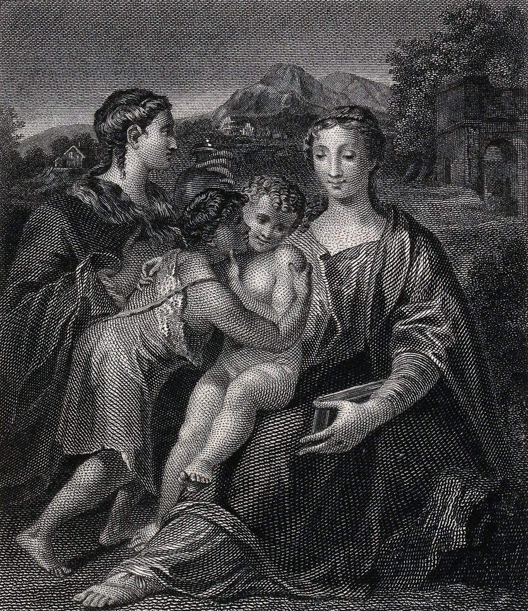 Santa Maria (la Beata Vergine) con il Bambino Gesù, san Giovanni Battista e santa Maria Maddalena. Incisione da G.F.M. Mazzola, il Parmigianino. da Parmigianino