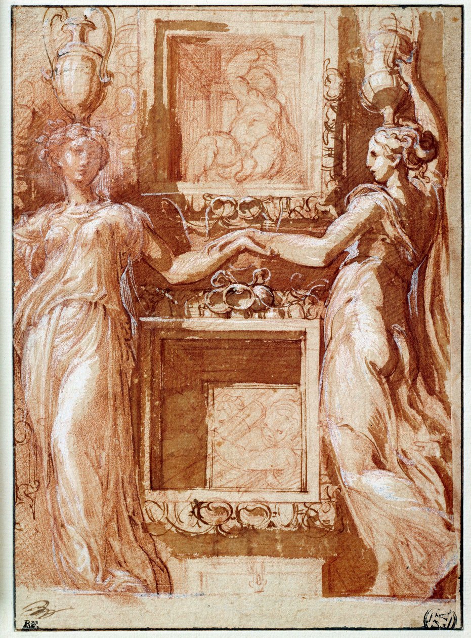 Due canefore che si danno la mano, su entrambi i lati delle scatole Disegno a inchiostro, lavaggio, sangue e alette bianche di Girolamo Francesco Maria Mazzola detto Parmigianino o Il Parmigianino da Parmigianino