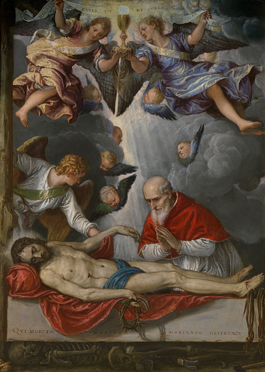 Spagnolo:  Cristo yacente adorado por el papa Pío V Il Cristo morto venerato da Pio V da Parrasio Micheli